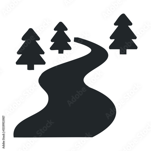 Scenic pathway in forest with trees and winding roadway silhouette.
