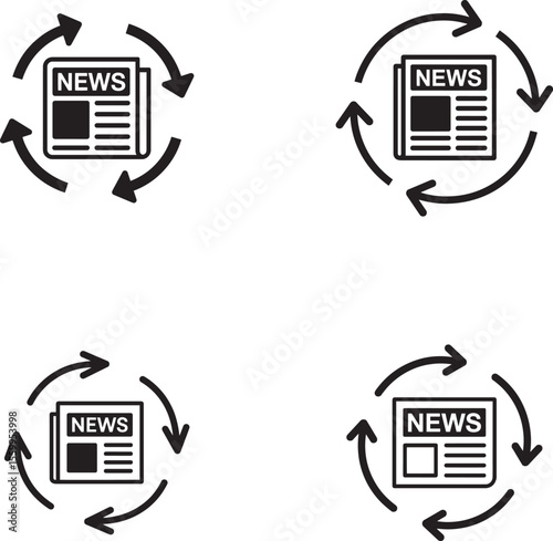 Four black icons of a newspaper surrounded by circular arrows representing news circulation