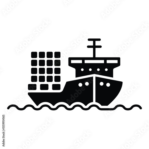 Simple black and white icon of a container ship sailing on wavy water