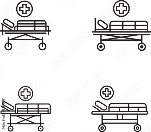 Set of four medical stretcher icons with a medical cross symbol