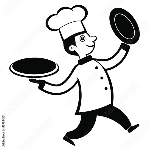 Cartoon chef in a hat with a mustache cooking an Italian pizza with a pan, tray, and spoon in a restaurant kitchen, illustrating the culinary profession
