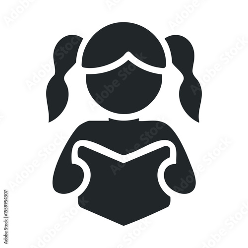 Female reading icon: woman engaged in book with abstract design.