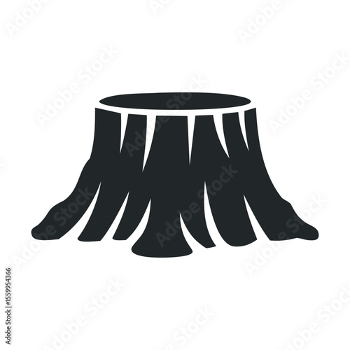 Silhouette of tree stump with roots on white background.