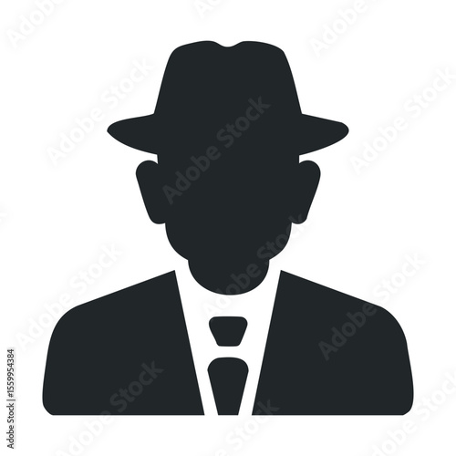 Silhouette of mysterious male figure in hat and suit.