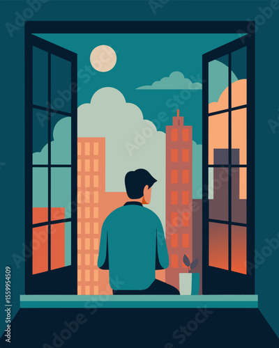 A person alone in their apartment looking out the window at the busy street below.. Vector illustration