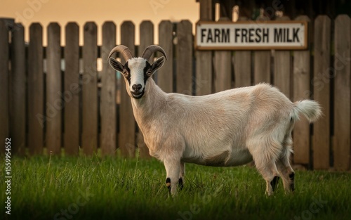 Friendly Farm Goat Posing Near Farm Fresh Milk Sign and Wooden Fence