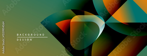 Abstract geometric shapes overlap, creating vibrant color gradients. Design features olive, teal, orange hues. Modern background texture.