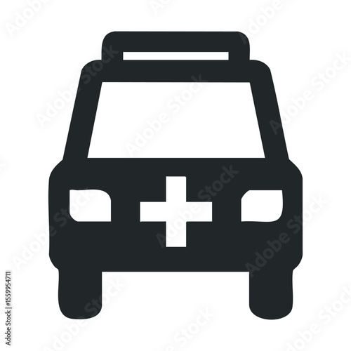 Black police car icon with emergency lights and medical cross symbol on white background.