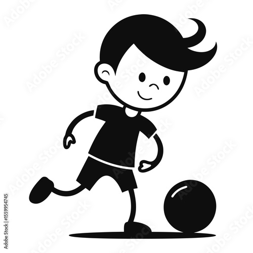 Cute little boy cartoon character playing with a ball, a joyful vector illustration of a smiling child