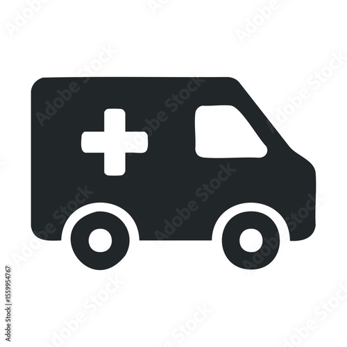 Silhouette of ambulance icon with cross symbol on side.