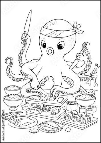 coloring book page, Anthropomorphic Animals, This octopus rolls sushi faster than anyone — eight hands at work!