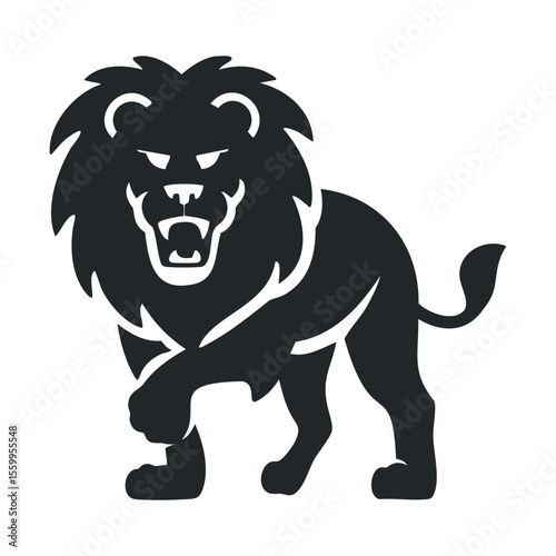Black silhouette of a fierce lion roaring with majestic mane.