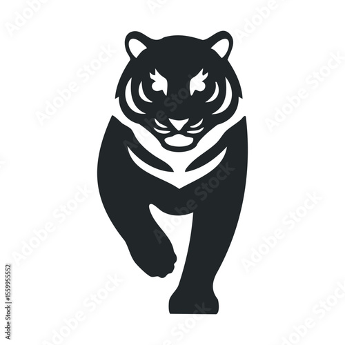 Bold black silhouette of a roaring tiger on white background.