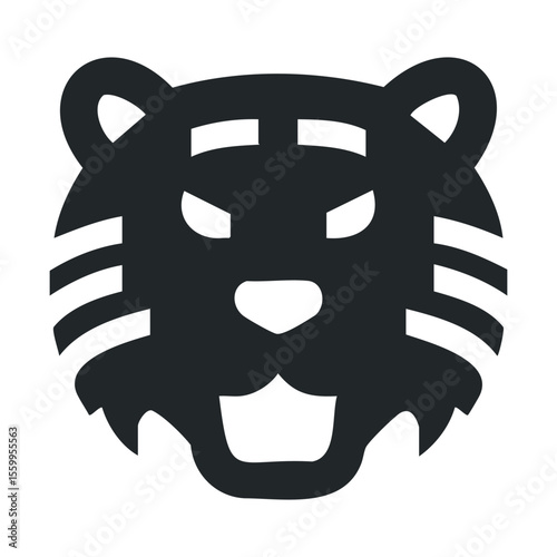 Bold black and white tribal lion face illustration with geometric patterns.