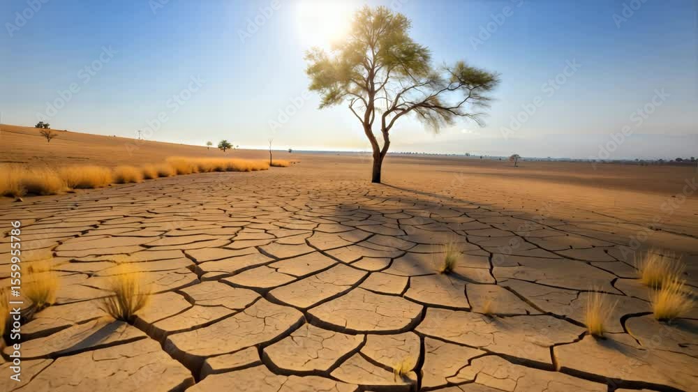 barren landscape shows cracked earth and sparse grass. A lone tree stands against a clear blue sky, highlighting the effects of drought and climate change.