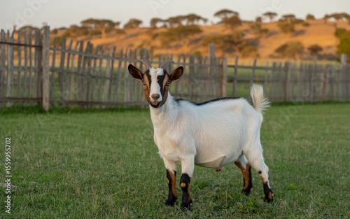 Curious Goat with Horns Posing in a Green Field with a Wooden Fence