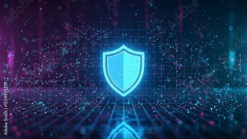 Digital data protection shield icon on a digital grid
