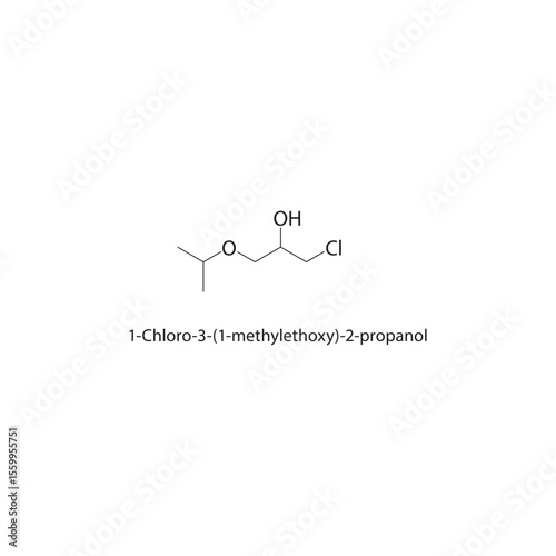1-Chloro-3-(1-methylethoxy)-2-propanol skeletal structure. Halogenated alcohol ether compound schematic illustration. Simple diagram, chemical formula.