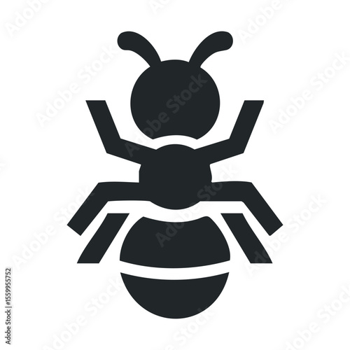 Silhouette of an ant icon in black and white illustrating insect shape.