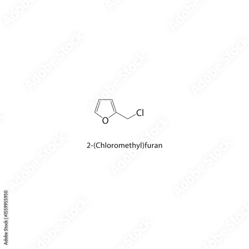 2-(Chloromethyl)furan skeletal structure. Halogenated heterocycle compound schematic illustration. Simple diagram, chemical formula.