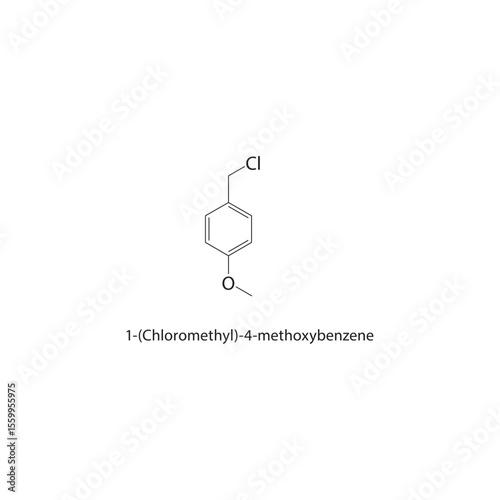 1-(Chloromethyl)-4-methoxybenzene skeletal structure. Halogenated Ether compound schematic illustration. Simple diagram, chemical formula.