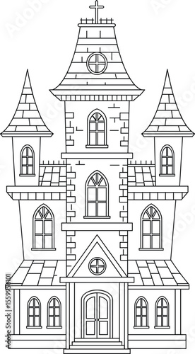Haunted Castle Line Art - Spooky Mansion Vector Illustration