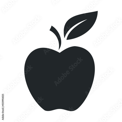 Minimalist black apple icon with leaf on white background.