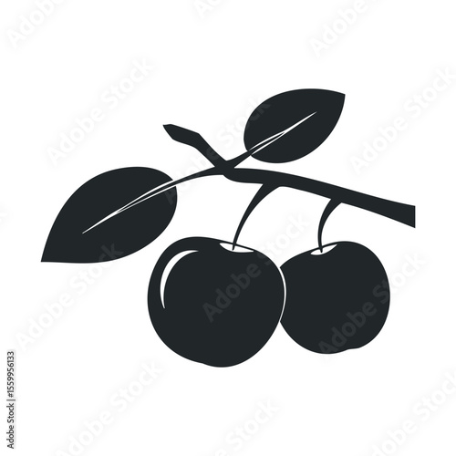 Black silhouette of three cherries on a branch with leaves.