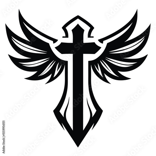 Golden cross with wings, a religious symbol of faith and spirituality, perfect for church and Easter designs