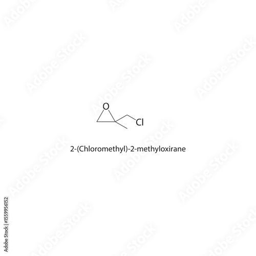 2-(Chloromethyl)-2-methyloxirane skeletal structure. Halogenated epoxide compound schematic illustration. Simple diagram, chemical formula.