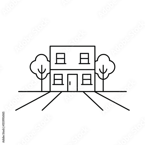 Simple line drawing of a two story house with two trees and a path