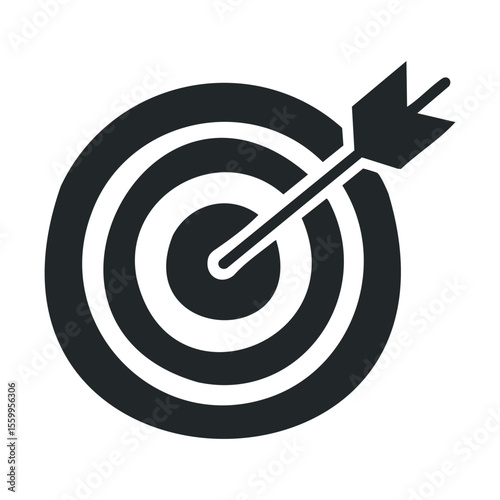 Bullseye with arrow in center on target icon in black and white.