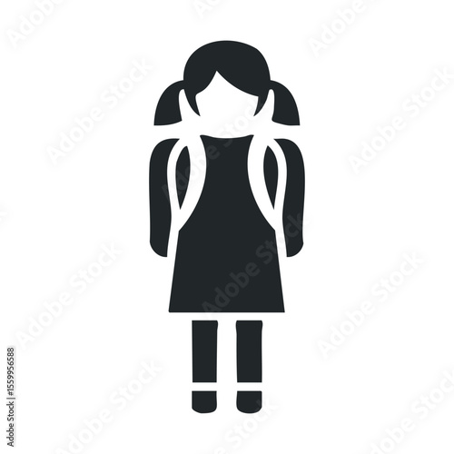 Silhouette of young female child with pigtails in dress icon.
