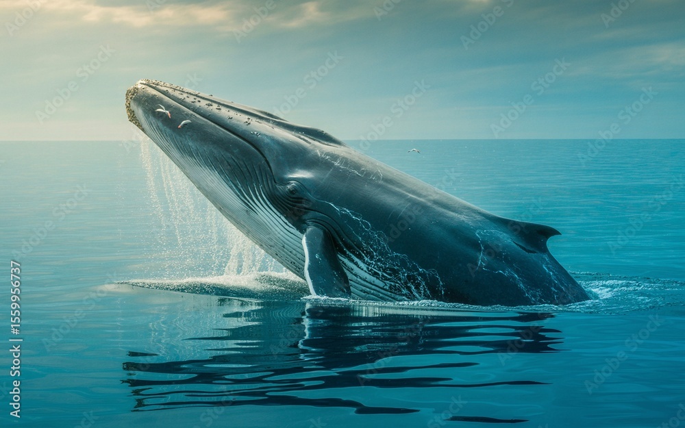 Fototapeta premium Majestic Blue Whale Breaching Ocean Surface with Barnacles and Birds in Natural Habitat