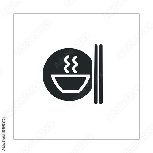 Simple icon of steaming ramen bowl with chopsticks in black and white design.