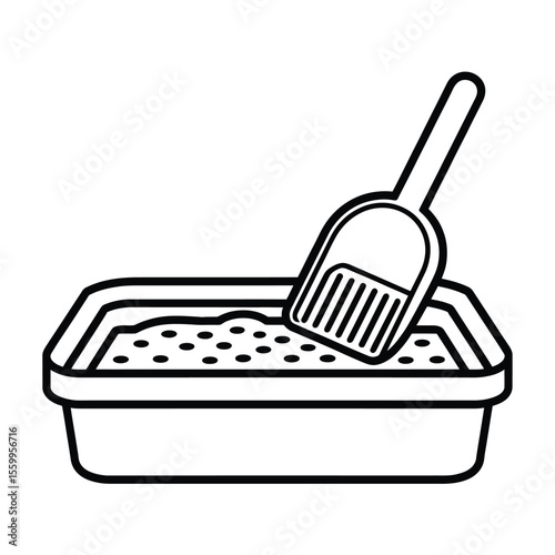 Simple line art illustration of a cat litter box with a scoop