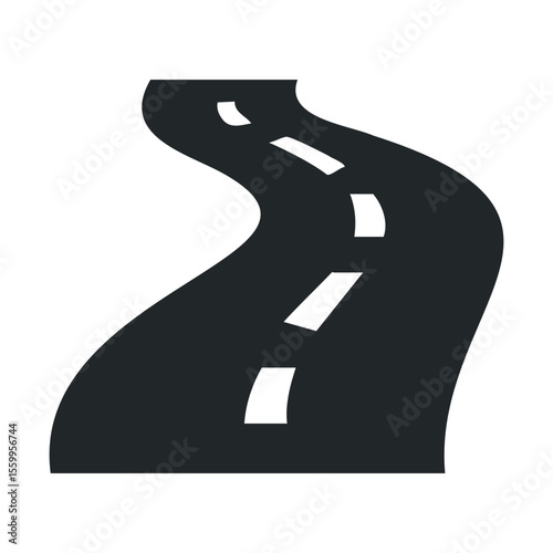 Simple black and white road icon with a curved path and dashed lines.