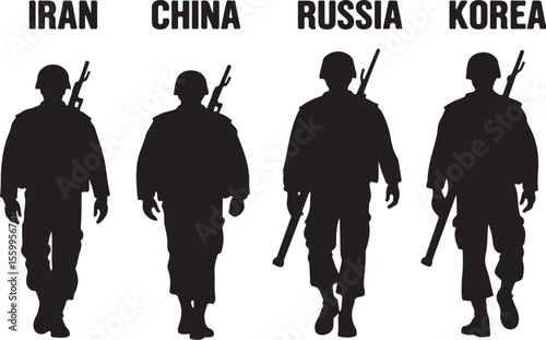 Rising Powers: Silhouettes of Soldiers from Iran, China, Russia, Korea