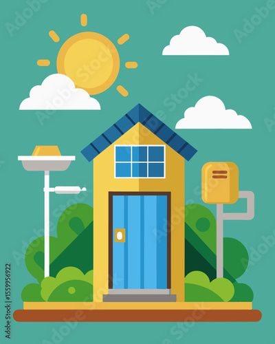 A rural communitys public restroom powered by solar panels and helping to improve hygiene and sanitation for those without access to electricity or plumbing.. Vector illustration