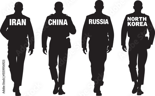 Rising Powers: Silhouettes of Soldiers from Iran, China, Russia, Korea