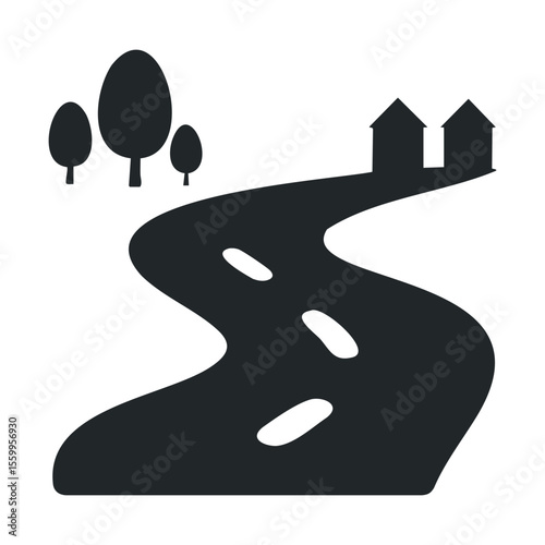 Curved pathway leading to houses and trees in simple black and white illustration.