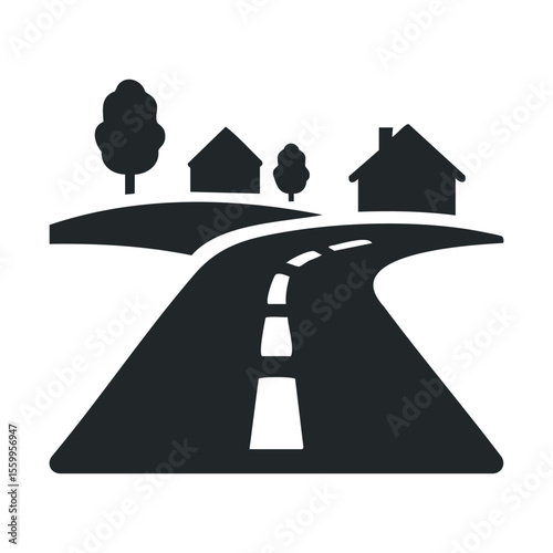 Rural roadway through village with trees and houses: silhouette illustration.