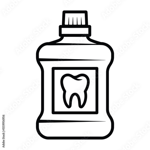 Outline illustration of a bottle of mouthwash with a tooth symbol on the label