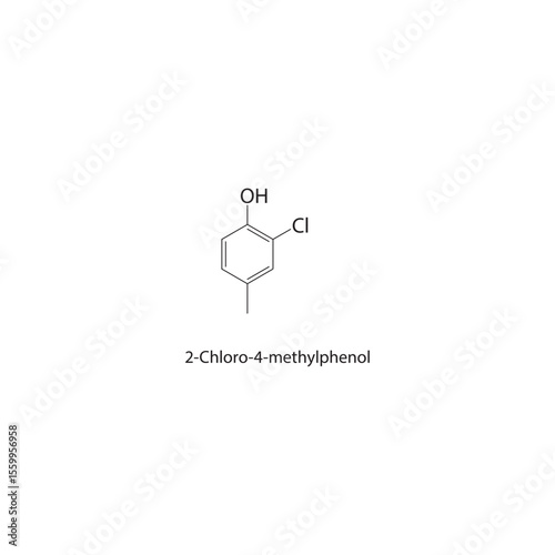 2-Chloro-4-methylphenol skeletal structure. Halogenated phenol compound schematic illustration. Simple diagram, chemical formula.