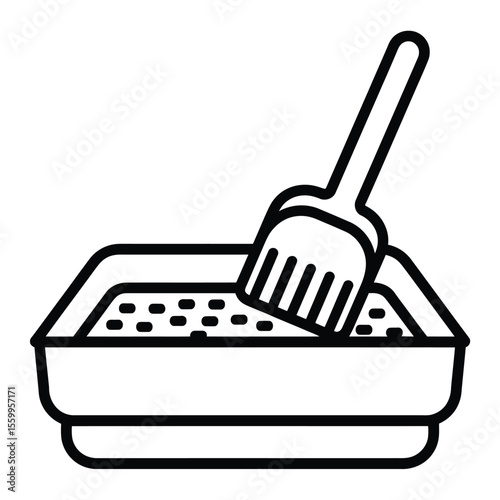 Line art icon of a cat litter box with a scoop cleaning the litter