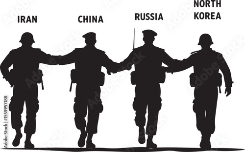 Rising Powers: Silhouettes of Soldiers from Iran, China, Russia, Korea