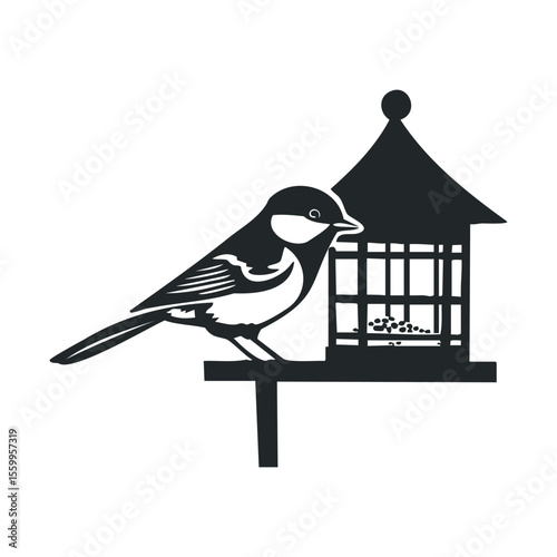 Silhouette of bird perching on ornate birdhouse design.