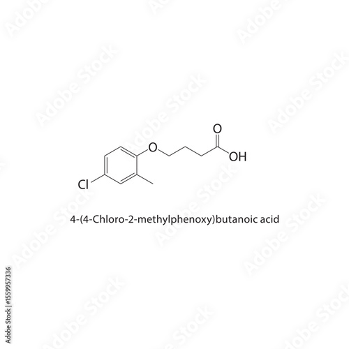 4-(4-Chloro-2-methylphenoxy)butanoic acid skeletal structure. herbicide compound schematic illustration. Simple diagram, chemical formula.