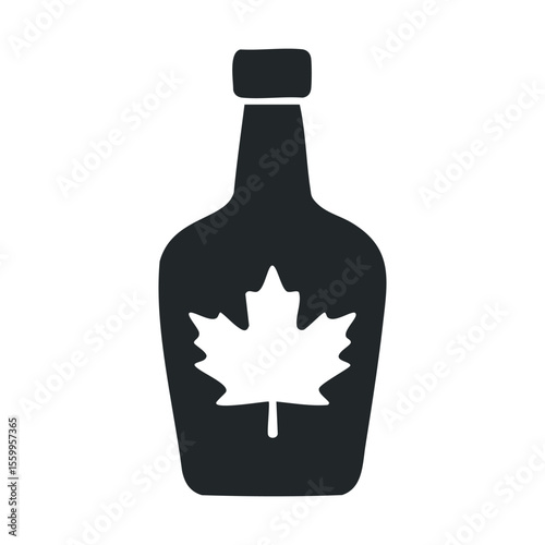 Minimalistic black silhouette of maple syrup bottle with maple leaf design.