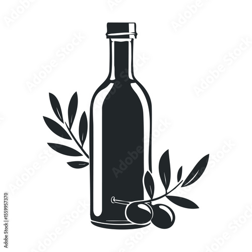 Black and white olive oil bottle with leaves and olives illustration.